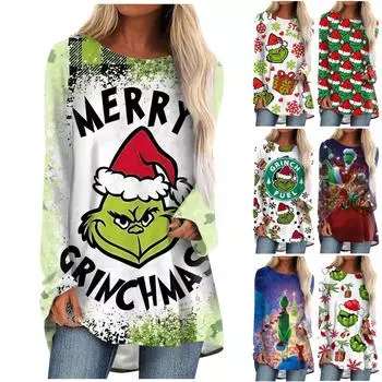 Женская повседневная модная блузка средней длины с длинным рукавом и принтом XL зелёный