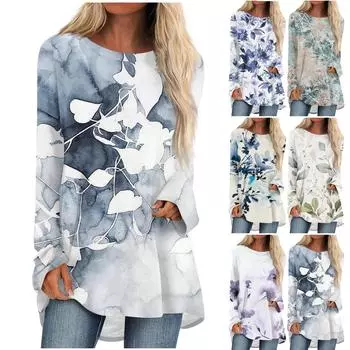 Женская повседневная модная блузка средней длины с длинным рукавом и цветочным принтом XXL фиолетовый