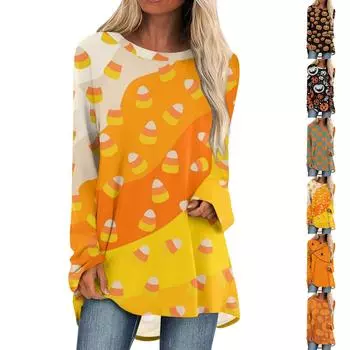 Женская повседневная модная блузка средней длины с длинным рукавом и принтом на Хэллоуин XXXL