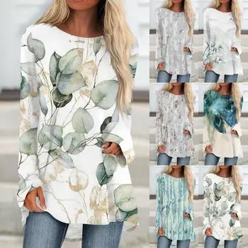 Женская повседневная модная блузка средней длины с длинным рукавом и цветочным принтом XXL