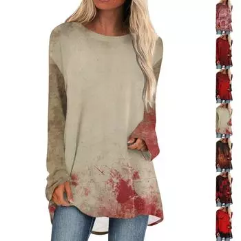 Женская повседневная модная блузка средней длины с длинным рукавом и принтом на Хэллоуин XL кофейный