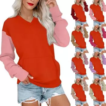 Женская повседневная модная цветная стеганая толстовка с V-образным вырезом и длинным рукавом, легкий пуловер с карманами S