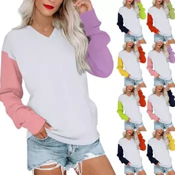 Женская повседневная модная цветная стеганая толстовка с V-образным вырезом и длинным рукавом, легкий пуловер с карманами S