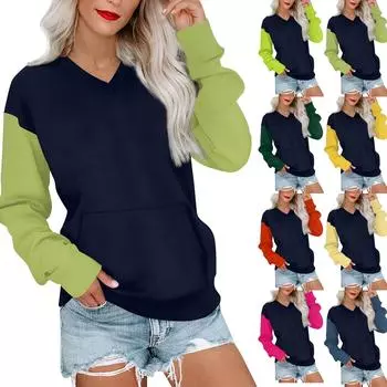 Женская повседневная модная цветная стеганая толстовка с V-образным вырезом и длинным рукавом, легкий пуловер с карманами XL