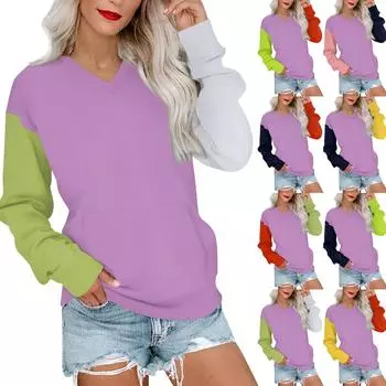 Женская повседневная модная цветная стеганая толстовка с V-образным вырезом и длинным рукавом, легкий пуловер с карманами M