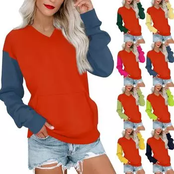 Женская повседневная модная цветная стеганая толстовка с V-образным вырезом и длинным рукавом, легкий пуловер с карманами S