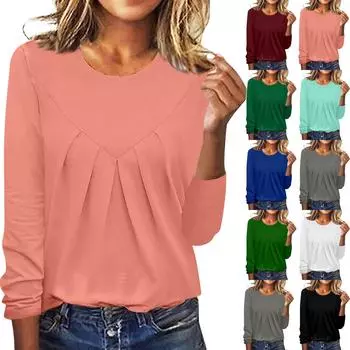 Женская повседневная модная цветочная однотонная блузка с длинным рукавом и круглым вырезом XL зелёный