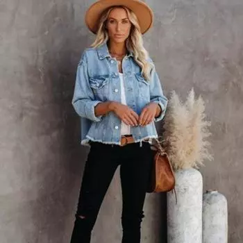 Женская повседневная модная джинсовая куртка с потертостями, джинсовые куртки с длинным рукавом, винтажная куртка на пуговицах, необработанный край, стильная осенне-зимняя куртка с карманами S