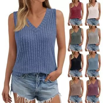 Женская повседневная модная футболка без рукавов с V-образным вырезом и однотонным жилетом L армия зеленый