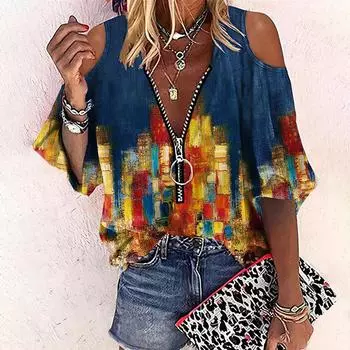 Женская повседневная модная футболка с длинным рукавом и застежкой-молнией с открытыми плечами, пуловер, футболка, топ тёмно-синий