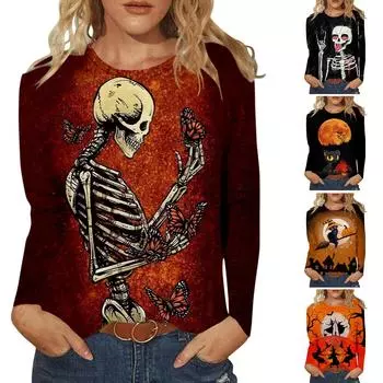 Женская повседневная модная футболка с длинным рукавом и принтом на Хэллоуин