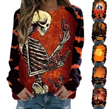 Женская повседневная модная футболка с длинным рукавом и принтом на Хэллоуин