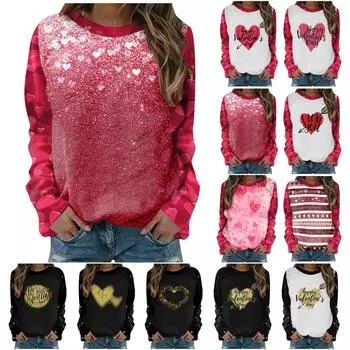 Женская повседневная модная футболка с длинными рукавами и принтом ко Дню святого Валентина XXL красный