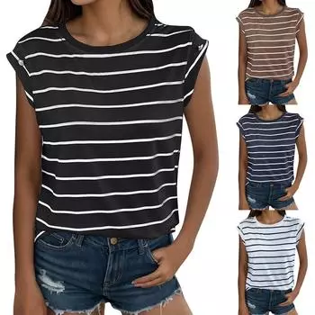 Женская повседневная модная футболка с круглым вырезом и полосатым пуловером без рукавов L чёрный