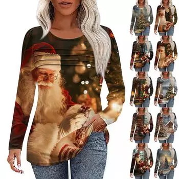 Женская повседневная модная футболка с круглым вырезом и длинными складками на Рождество L синий