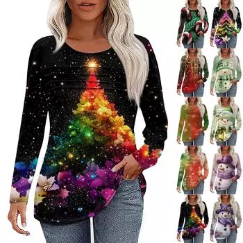 Женская повседневная модная футболка с круглым вырезом и длинными складками на Рождество S красный