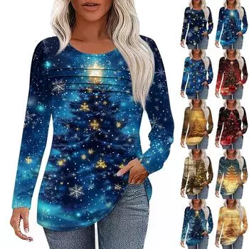 Женская повседневная модная футболка с круглым вырезом и длинными складками на Рождество L