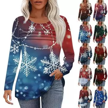 Женская повседневная модная футболка с круглым вырезом и длинными складками на Рождество XXXL синий