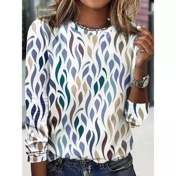 Женская повседневная модная футболка с круглым вырезом и длинным рукавом с принтом в стиле коллизии цветов S