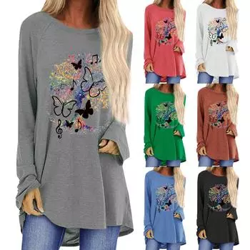 Женская повседневная модная футболка с принтом бабочки, свободная футболка с круглым вырезом и длинными рукавами, топы