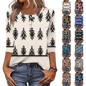 Женская повседневная модная футболка с принтом, круглым вырезом, топ с семью рукавами S синий