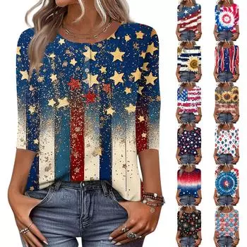 Женская повседневная модная футболка с принтом, круглым вырезом, топ с семью рукавами XL