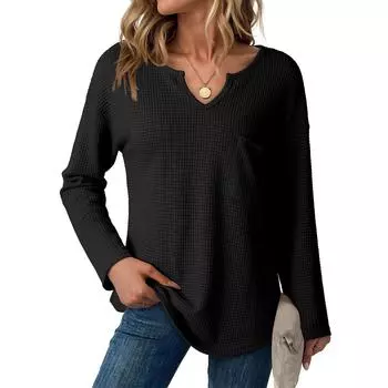 Женская повседневная модная футболка с V-образным вырезом, свободного кроя, однотонный топ с длинным рукавом L чёрный