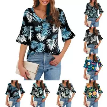 Женская повседневная модная футболка с V-образным вырезом, свободная, для поездок на работу, с цветочным принтом и рукавами-пятью точками L