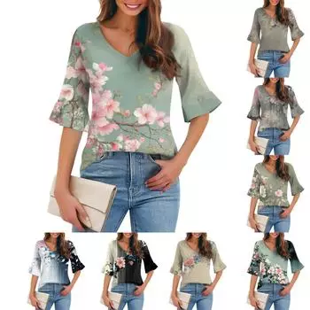 Женская повседневная модная футболка с V-образным вырезом, свободная, для поездок на работу, с цветочным принтом и рукавами-пятью точками L