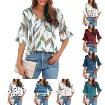 Женская повседневная модная футболка с V-образным вырезом, свободная, для поездок на работу, с цветочным принтом и рукавами-пятью точками L