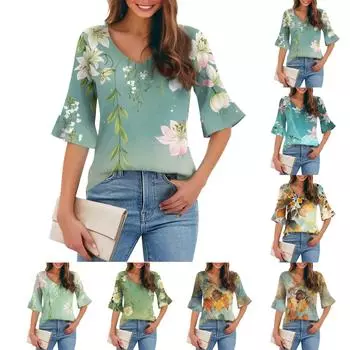 Женская повседневная модная футболка с V-образным вырезом, свободная, для поездок на работу, с цветочным принтом и рукавами-пятью точками L