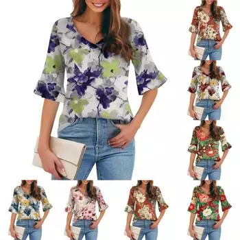 Женская повседневная модная футболка с V-образным вырезом, свободная, для поездок на работу, с цветочным принтом и рукавами-пятью точками L армия зеленый