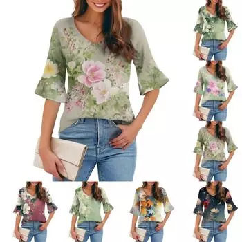 Женская повседневная модная футболка с V-образным вырезом, свободная, для поездок на работу, с цветочным принтом и рукавом три четверти L