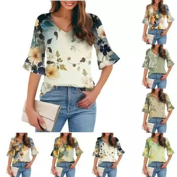 Женская повседневная модная футболка с V-образным вырезом, свободная, для поездок на работу, с цветочным принтом и рукавами-пятью точками L