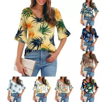Женская повседневная модная футболка с V-образным вырезом, свободная, для поездок на работу, с цветочным принтом и рукавами-пятью точками L