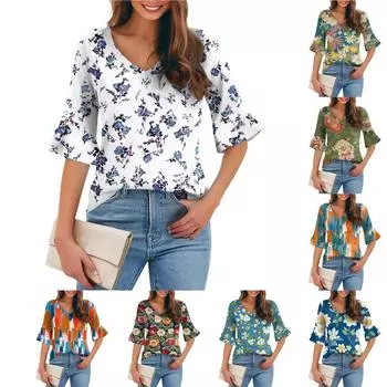 Женская повседневная модная футболка с V-образным вырезом, свободная, для поездок на работу, с цветочным принтом и рукавами-пятью точками L армия зеленый