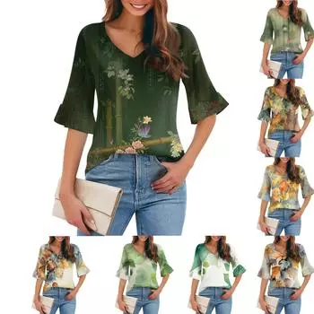 Женская повседневная модная футболка с V-образным вырезом, свободная, для поездок на работу, с цветочным принтом и рукавами-пятью точками L