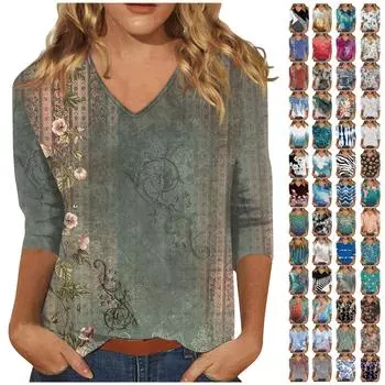 Женская повседневная модная футболка с v-образным вырезом и рукавом три четверти в стиле ретро S чёрный