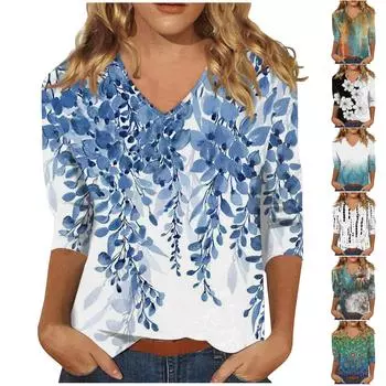 Женская повседневная модная футболка с v-образным вырезом и рукавом три четверти в стиле ретро L зелёный