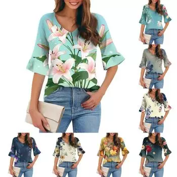 Женская повседневная модная футболка с V-образным вырезом, свободная, для поездок на работу, с цветочным принтом и рукавами-пятью точками XL
