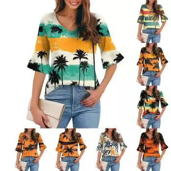 Женская повседневная модная футболка с V-образным вырезом, свободная, для поездок на работу, с цветочным принтом и рукавами-пятью точками XXXL