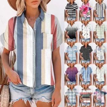 Женская повседневная модная хлопково-льняная полосатая женская рубашка с коротким рукавом с принтом L серый