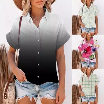 Женская повседневная модная хлопково-льняная полосатая женская рубашка с коротким рукавом с принтом L чёрный