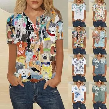 Женская повседневная модная хлопково-льняная женская рубашка с коротким рукавом с принтом M серый