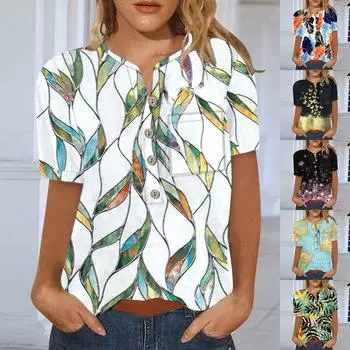 Женская повседневная модная хлопково-льняная женская рубашка с коротким рукавом с принтом M розовый