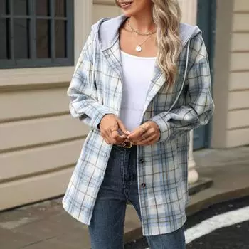 Женская повседневная модная клетчатая клетчатая цветная свободная куртка из твида с капюшоном и длинными рукавами XL