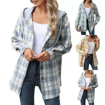 Женская повседневная модная клетчатая клетчатая цветная свободная куртка из твида с капюшоном и длинными рукавами L зелёный