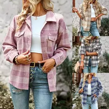Женская повседневная модная клетчатая рубашка с длинными рукавами и карманами на пуговицах, верхняя куртка L синий
