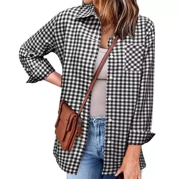 Женская повседневная модная клетчатая рубашка с принтом и лацканами, свободный топ с длинными рукавами L чёрный