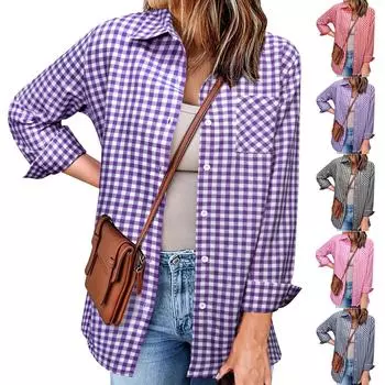 Женская повседневная модная клетчатая рубашка с принтом и лацканами, свободный топ с длинными рукавами L чёрный